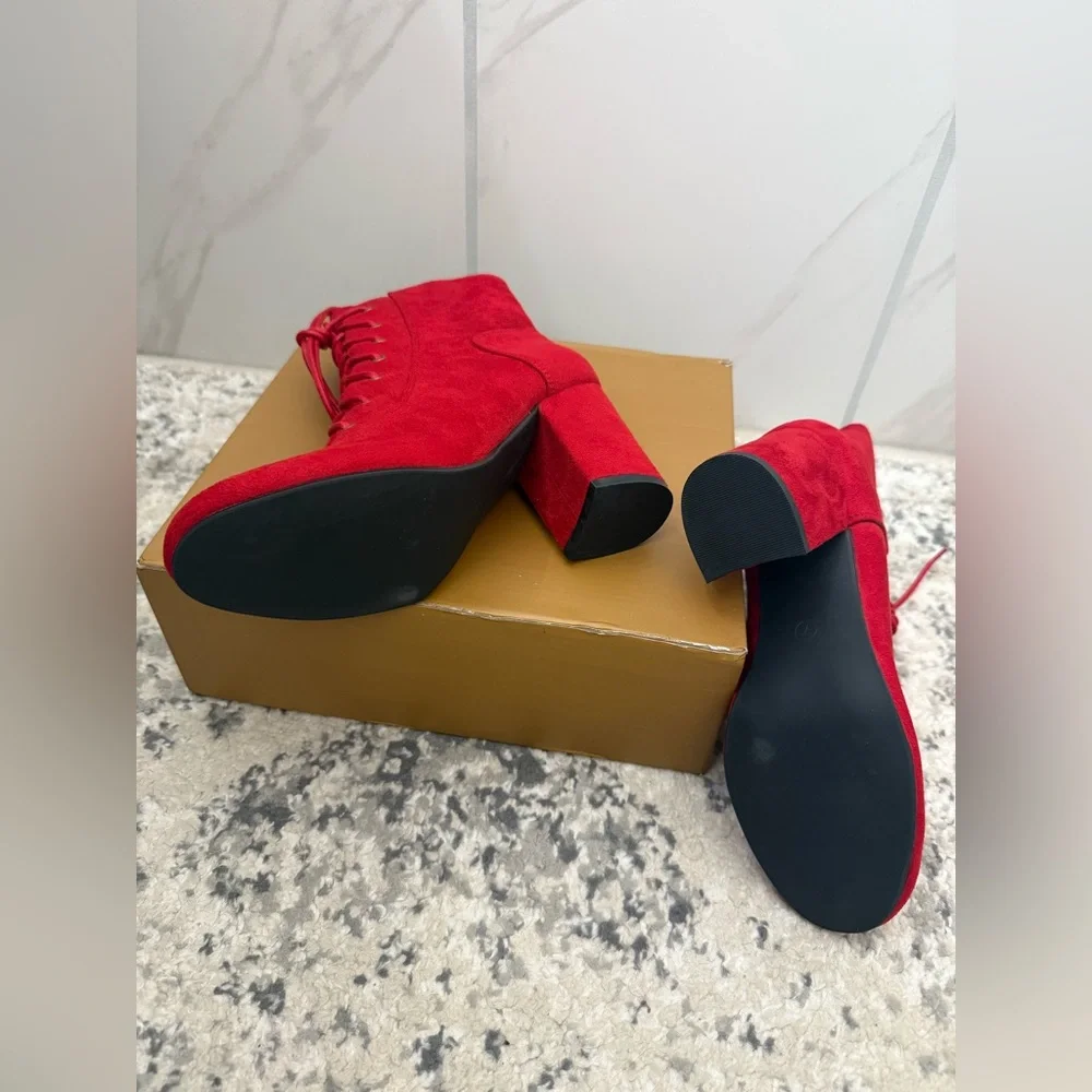 New Perphy‎ Red Lace Up Ankle Chunky Heel Boots - Size 7